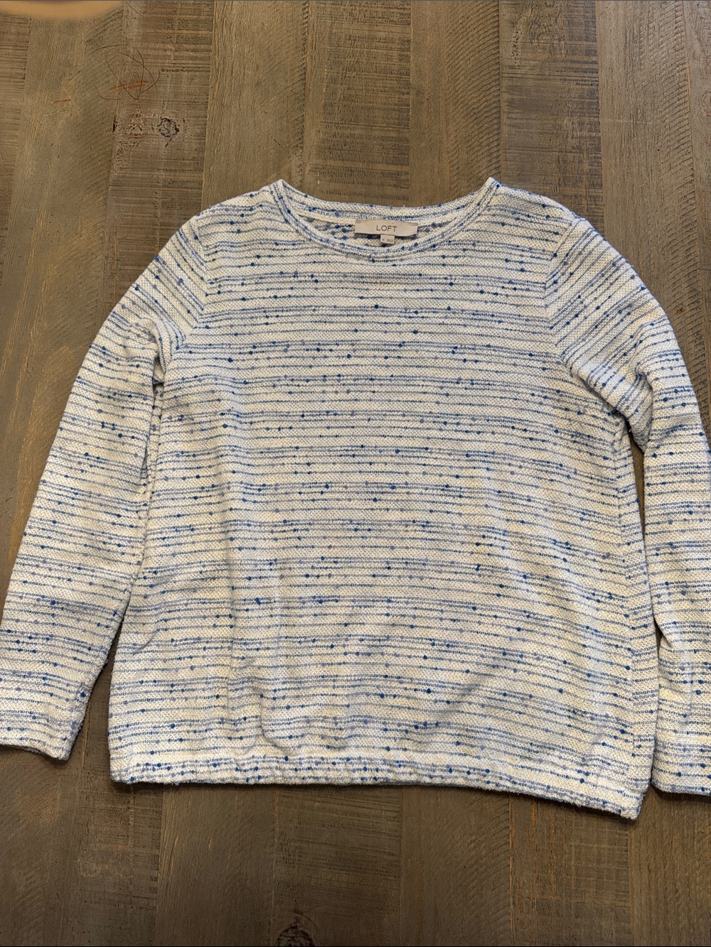 LOFT White Crewneck Sweater with Blue Speckle Stripes